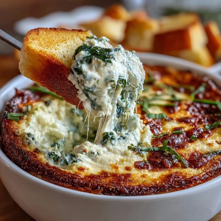Festive spinach artichoke dip in a golden bread bowl, perfect for St. Patrick's Day parties.