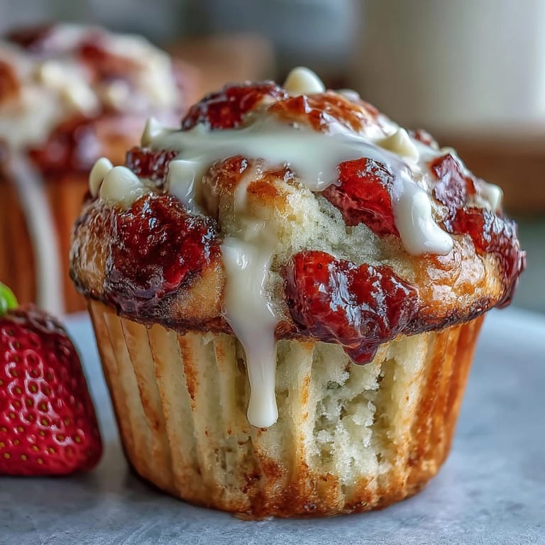 Warm muffins with sweet strawberries and creamy white chocolate chips, perfect for a cozy breakfast.