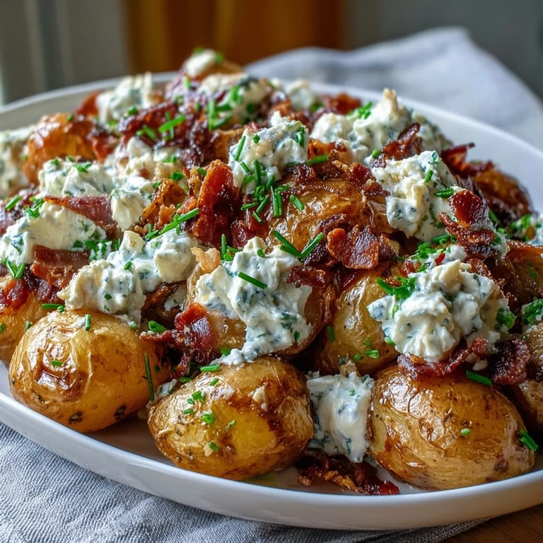 Smoky BBQ Baby Shower Loaded Baked Potato Salad topped with fresh chives and scallions.