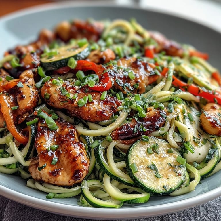 Vibrant low-carb zucchini noodle stir fry with chicken, bell peppers, and carrots, all coated in a glossy, flavorful sesame-soy sauce.
