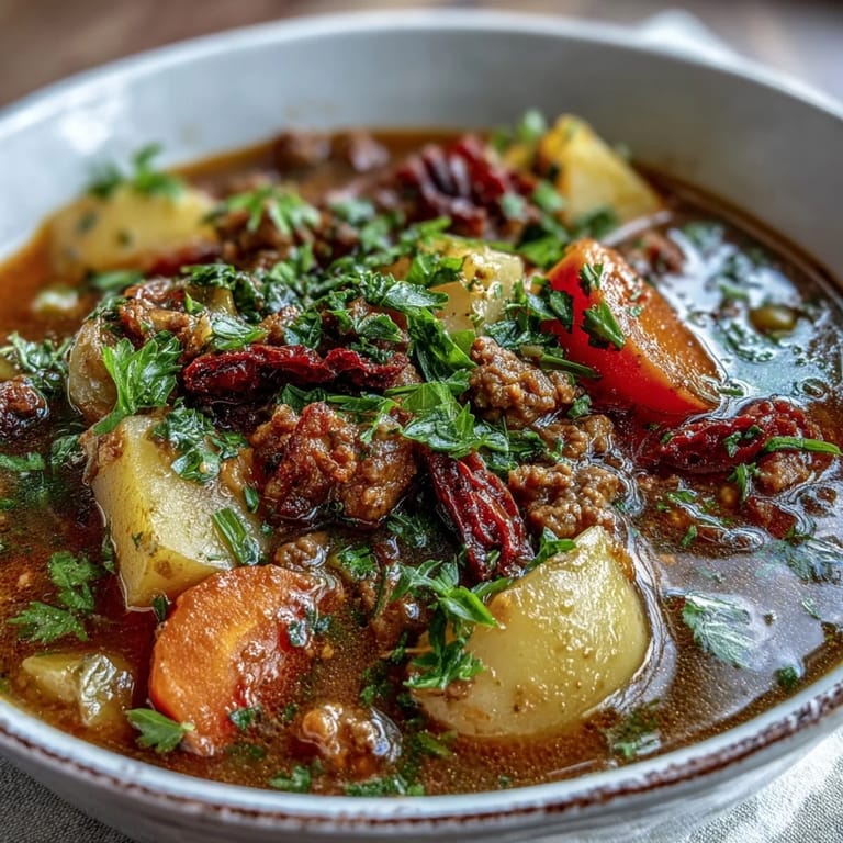 Creamy Shepherds Pie Soup featuring tender potatoes, ground beef, and mixed veggies in a rich, comforting bowl.