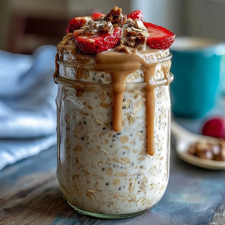 Creamy overnight oats with strawberry and chia, layered with vibrant fruit and a sprinkle of coconut flakes.