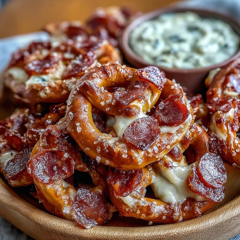 Festive Game Day Baseball Snack Board with Pretzels and Dips, featuring soft pretzel bites, cheese cubes, and savory salami slices.
