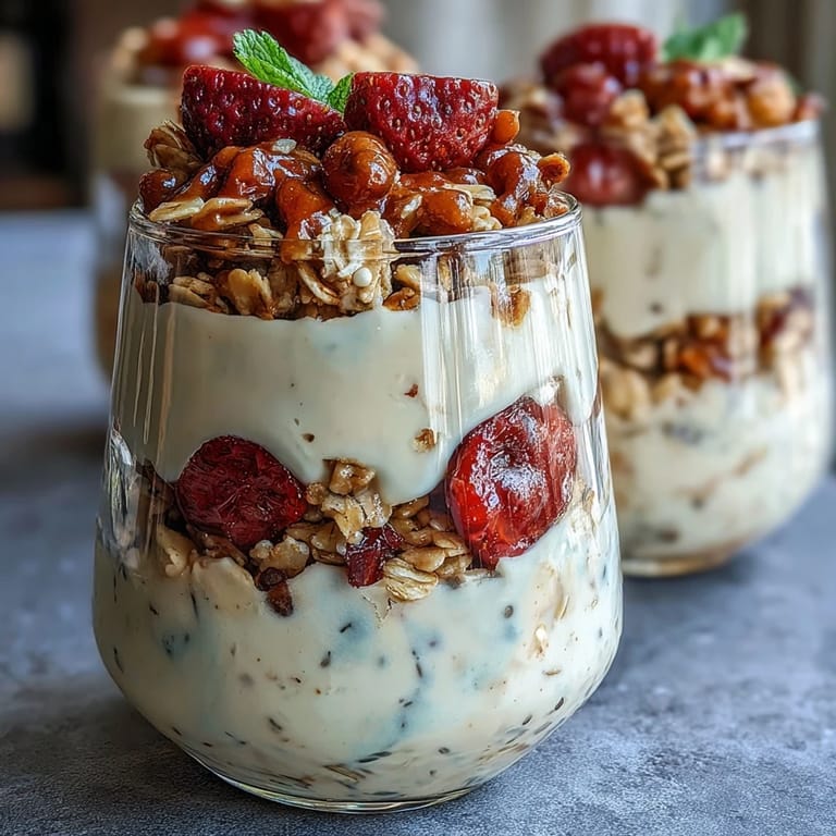 A jar of strawberry overnight oats with chia seeds and granola, topped with juicy strawberries for a wholesome and satisfying morning meal.