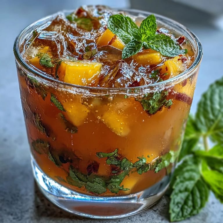 Refreshing homemade iced tea with vibrant mango and peach flavors, served over ice with a sprig of mint.