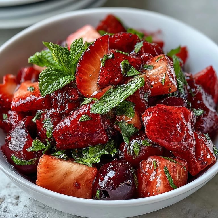 Vibrant summer fruit salad featuring strawberries, blueberries, and grapes tossed in homemade lemonade dressing for a refreshing treat.