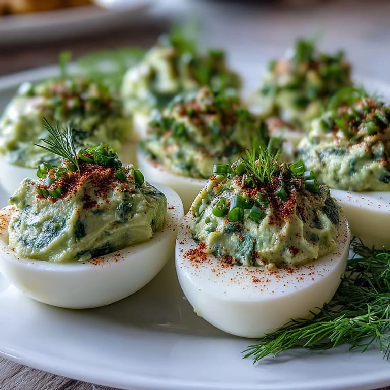 Vibrant avocado deviled eggs featuring smooth green filling, fresh dill, and chives, perfect for healthy spring gatherings.  