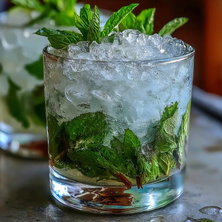 A refreshing non-alcoholic mint julep mocktail featuring crushed ice, fresh mint, and sparkling water for a cool, festive drink.