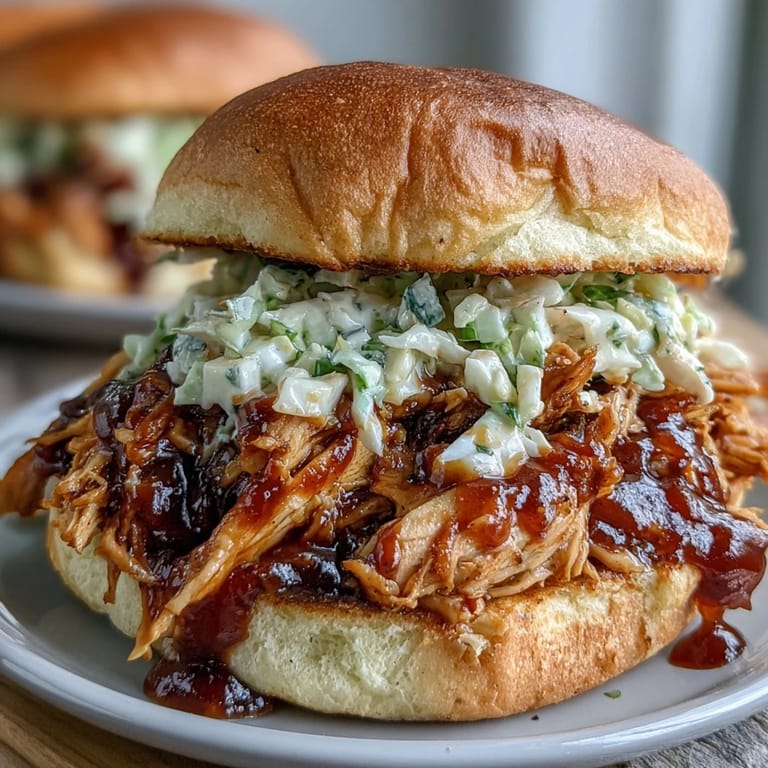 Slow-cooked shredded chicken smothered in smoky barbecue sauce, piled high on toasted buns for a hearty meal.
