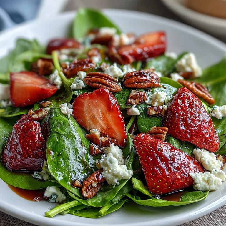 Colorful Spring Strawberry Spinach Salad featuring ripe berries, baby spinach, candied nuts, and crumbled goat cheese in a wooden bowl.