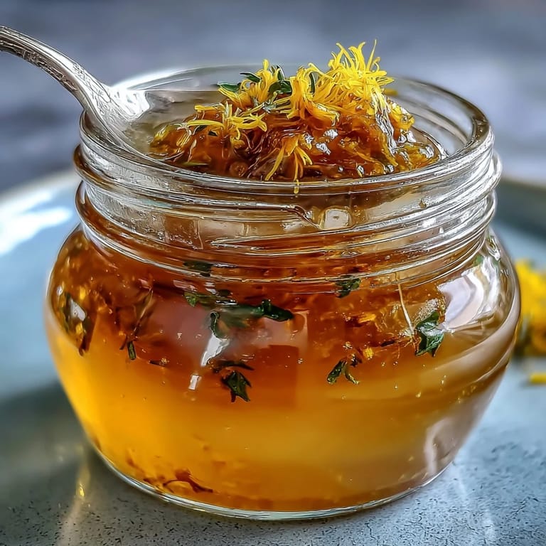Bright yellow dandelion jelly infused with zesty lemon and sweet honey, perfect for topping scones or muffins.