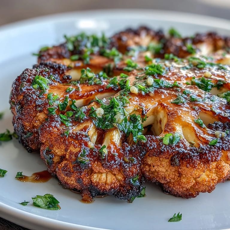 Sizzling cauliflower steaks marinated in spices and topped with fresh herb chimichurri, perfect for summer grilling and plant-based meals.