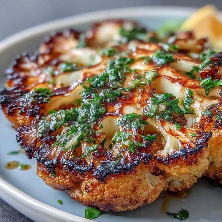 Plated BBQ cauliflower steaks drizzled with zesty chimichurri, showcasing bold flavors and colorful presentation for a satisfying vegan entrée.