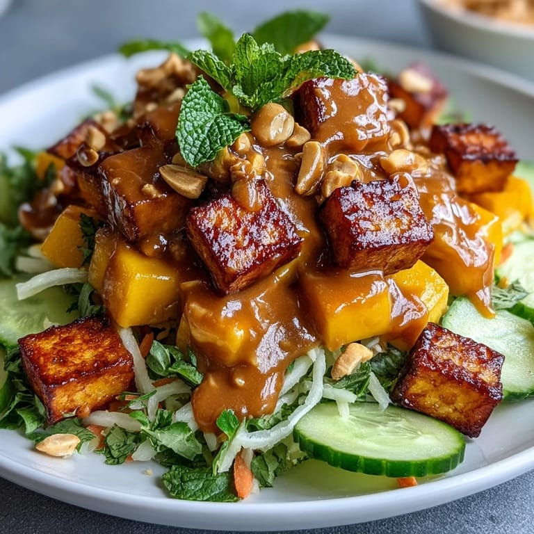 Juicy mango slices, crisp vegetables, and golden tofu are served with a tangy, creamy peanut dressing for a refreshing meal.