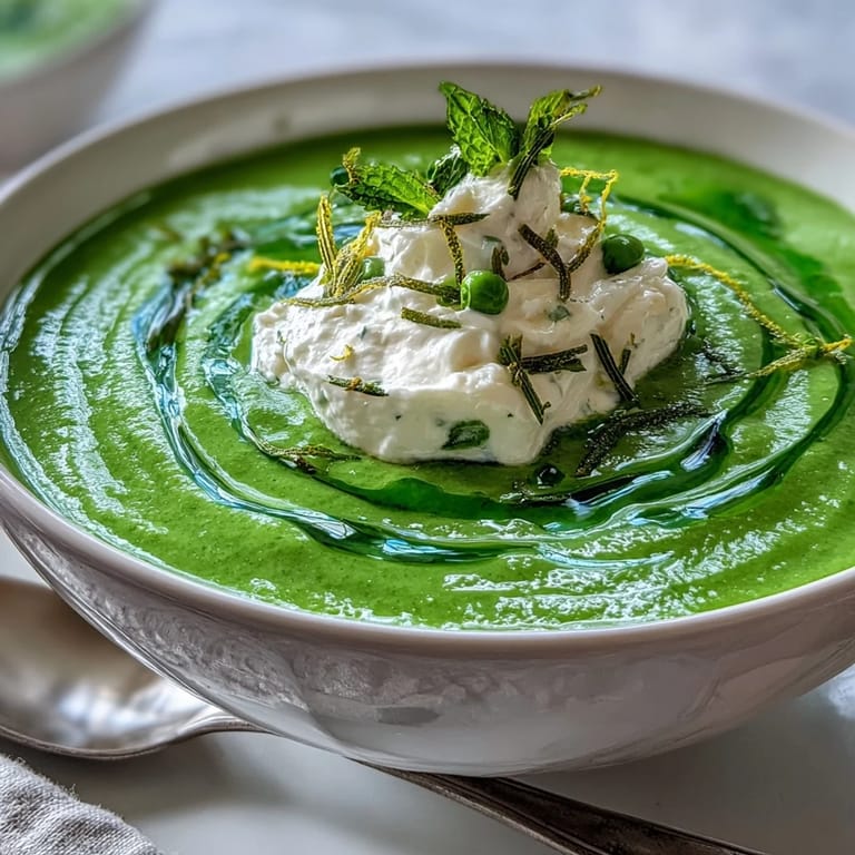 Creamy green pea soup topped with airy whipped ricotta and drizzled with fragrant mint oil, served with crusty bread.  