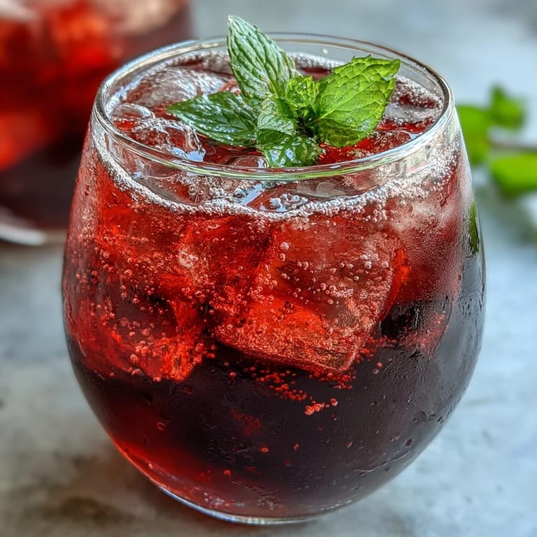 Vibrant ruby-red hibiscus mint lemonade mocktail served over ice with a bubbly finish, ideal for a non-alcoholic party beverage.  