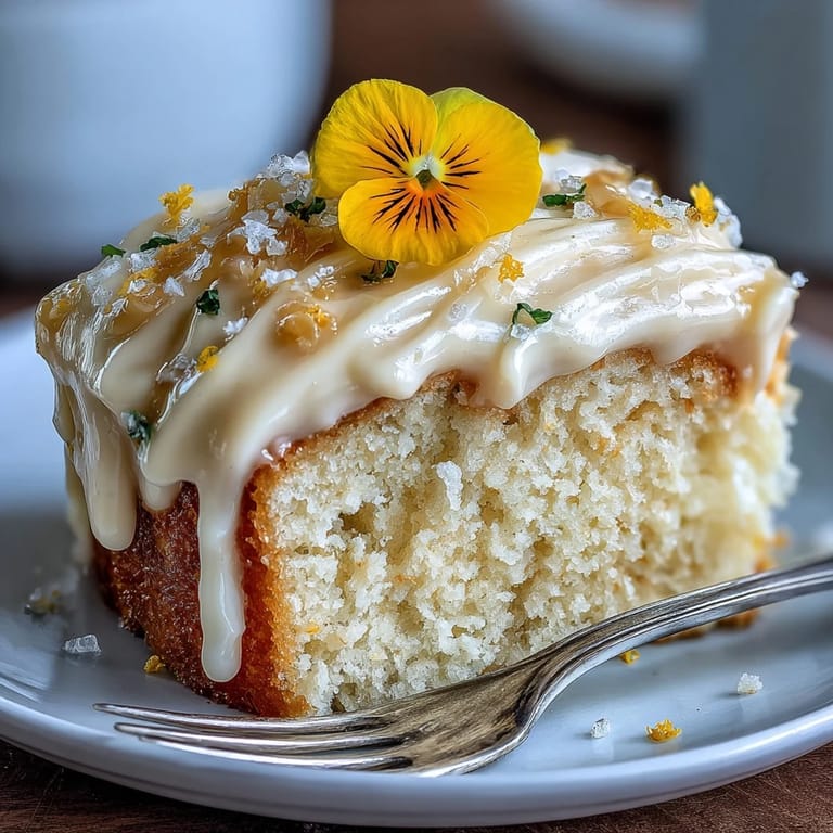 Elegant baby shower dessert featuring lemon sunshine cake, smooth lemon frosting, and a beautiful floral topper for a festive look.