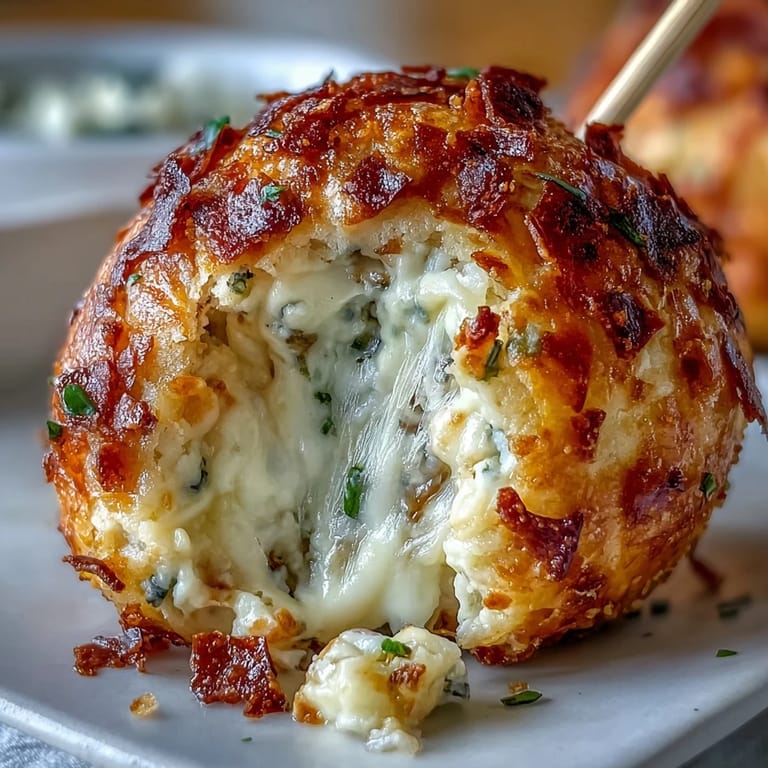 Bite-sized cheddar-wrapped cheese balls with green olives, baked until golden and served warm on festive skewers.