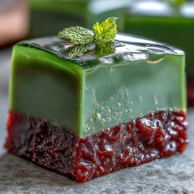 Elegant Japanese yokan featuring a vibrant matcha layer atop a sweet, silky red bean jelly base.