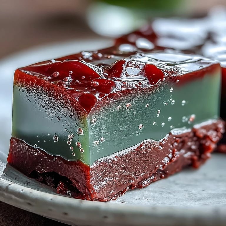 Chilled yokan bars showcasing a striking contrast between rich red bean and bright green tea jelly layers.
