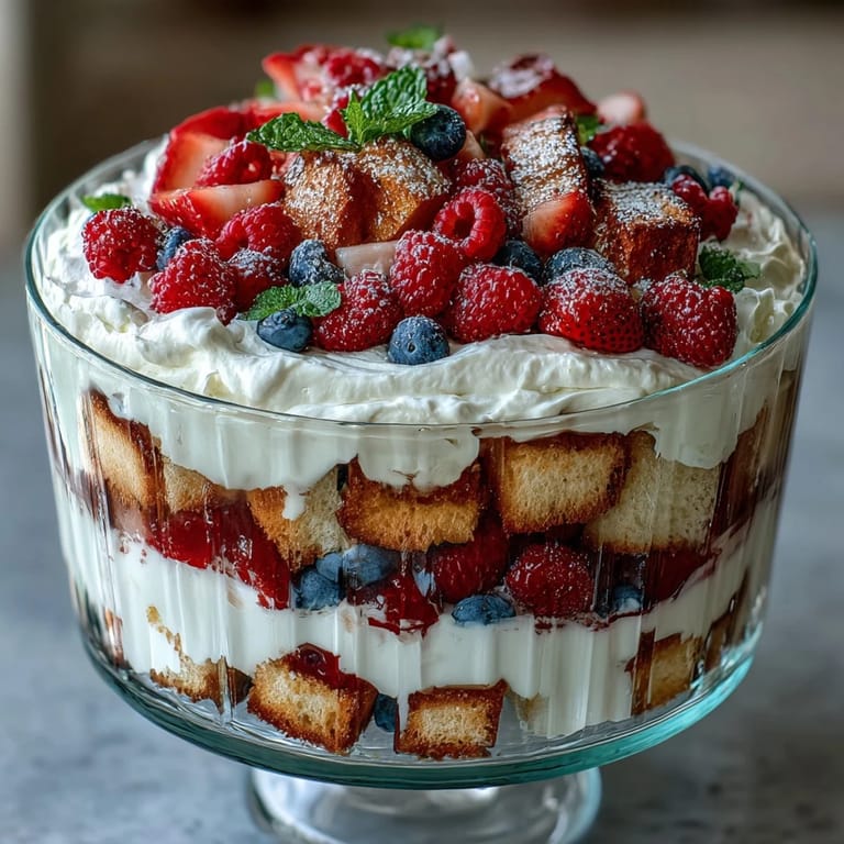 Patriotic Red White Blue Berry Trifle dessert, perfectly layered for a celebratory feast.