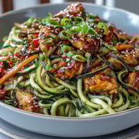 Healthy Easy Zucchini Noodle Stir Fry with Chicken served in a colorful skillet, with tender chicken and crisp zucchini noodles tossed in a savory Asian-inspired sauce.