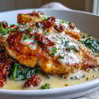 Creamy Tuscan Chicken Skillet with tender chicken in a rich garlic cream sauce, sun-dried tomatoes, and wilted spinach.