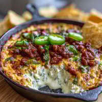 Festive Cinco de Mayo Loaded Queso Dip with chorizo, pico de gallo, and jalapeños in a cast iron skillet.