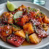 Vibrant mango and pineapple cups with lime, chili, and a sprinkle of Tajín for a refreshing tropical snack.