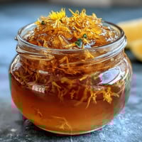 Golden dandelion jelly with fresh lemon and honey, spread on warm buttered toast for a floral springtime treat.