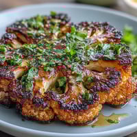 Grilled BBQ cauliflower steaks with smoky char and vibrant chimichurri sauce, served as a hearty vegan main dish.