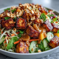 A colorful Thai mango salad with crispy tofu, fresh veggies, and rich peanut sauce drizzled on top.  