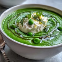 A vibrant bowl of Spring Pea Soup with whipped ricotta and mint oil, garnished with fresh peas and mint leaves.  