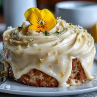 A light, zesty lemon cake topped with silky cream cheese frosting and edible flowers for a baby shower celebration.  