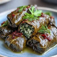 Kurdish Dolma: vibrant green grape leaves cradling seasoned rice, ready to eat.
